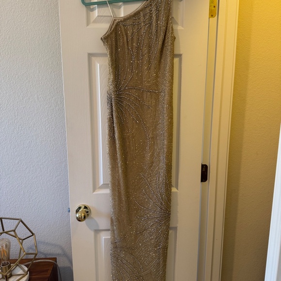 Aidan Mattox Beaded One-Shoulder Gown Gold - Picture 2 of 5